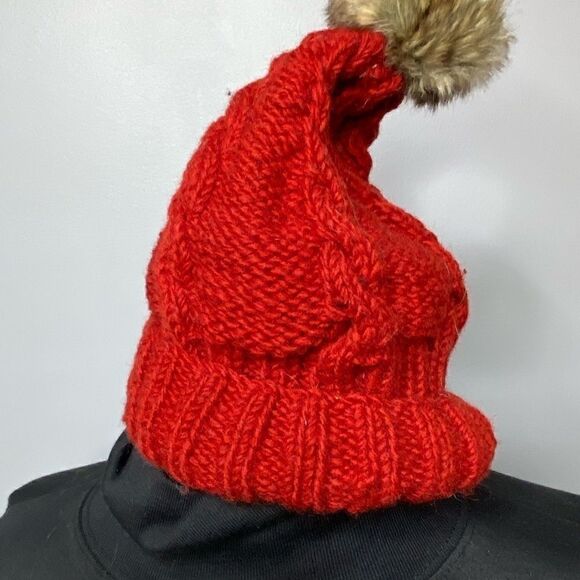 Nirvana Designs Handmade Nepal Red wool lined beanie with brown rabbit pompon - Picture 1 of 8